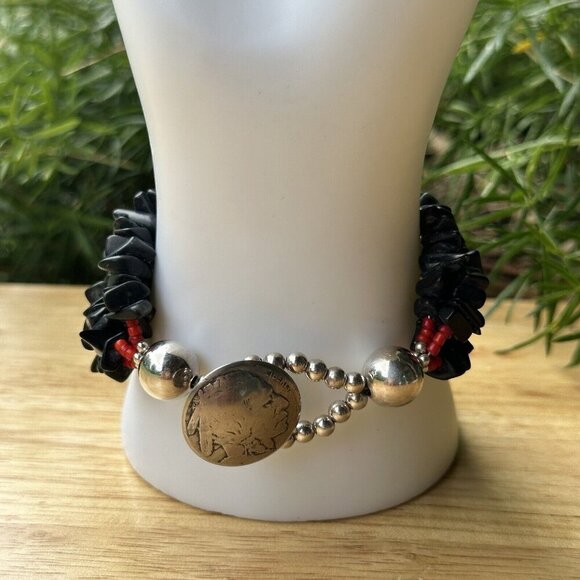 VTG Flower Sterling Silver Bracelet Buffalo Nickel Clasp Black Onyx Red Beads - Picture 6 of 15